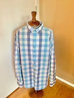 Alfani Slim Fit Stretch Gingham Check Long Sleeve Dress Shirt in Blue and White
